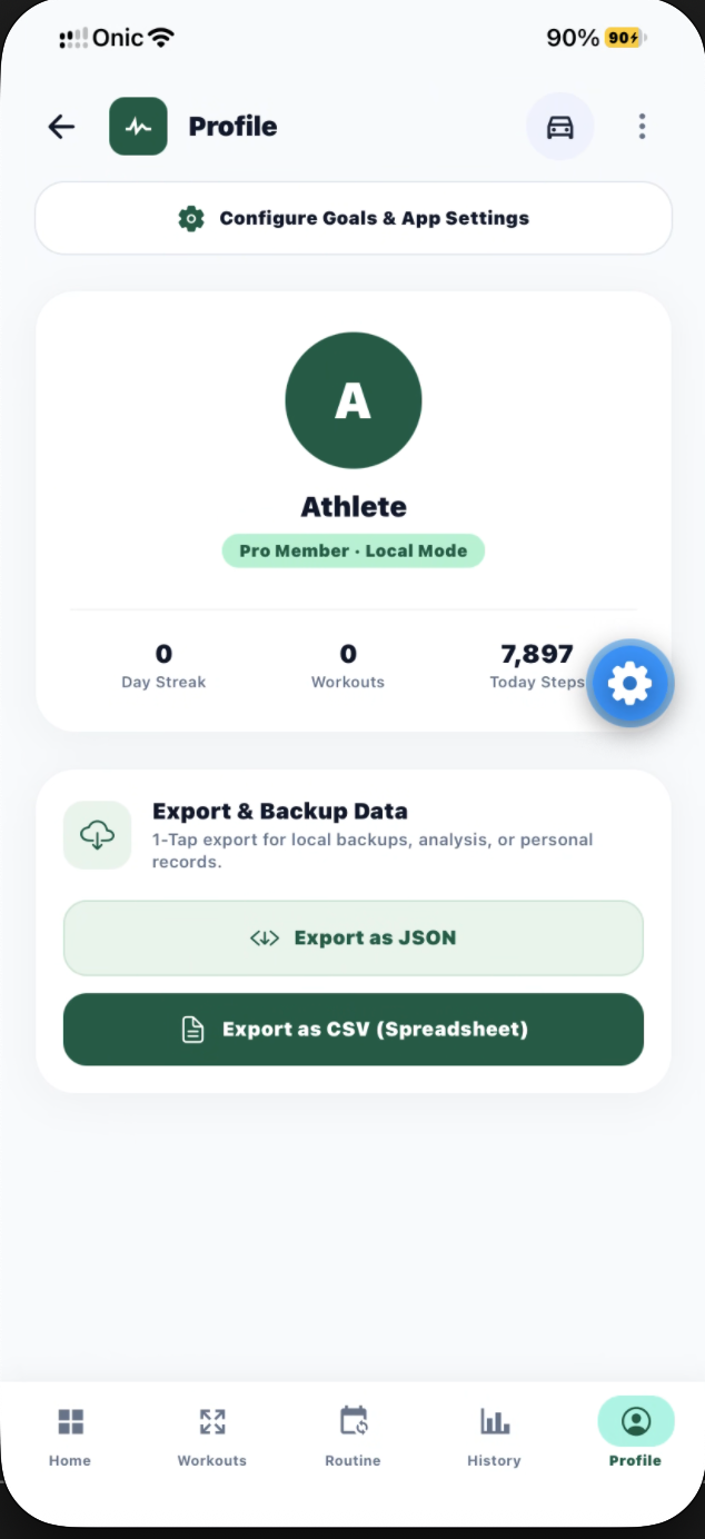 GeniSteps Profile & Data Export Screen